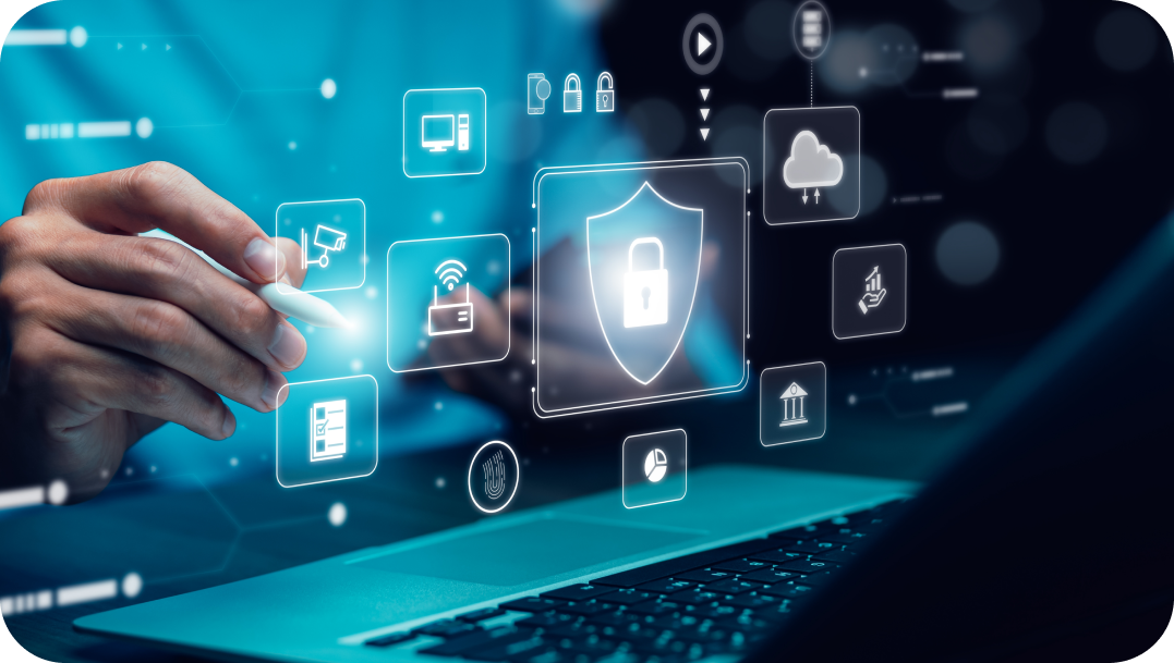 Person using a stylus, interacting with a glowing cybersecurity interface featuring a shield and lock on a laptop, suggesting data protection.