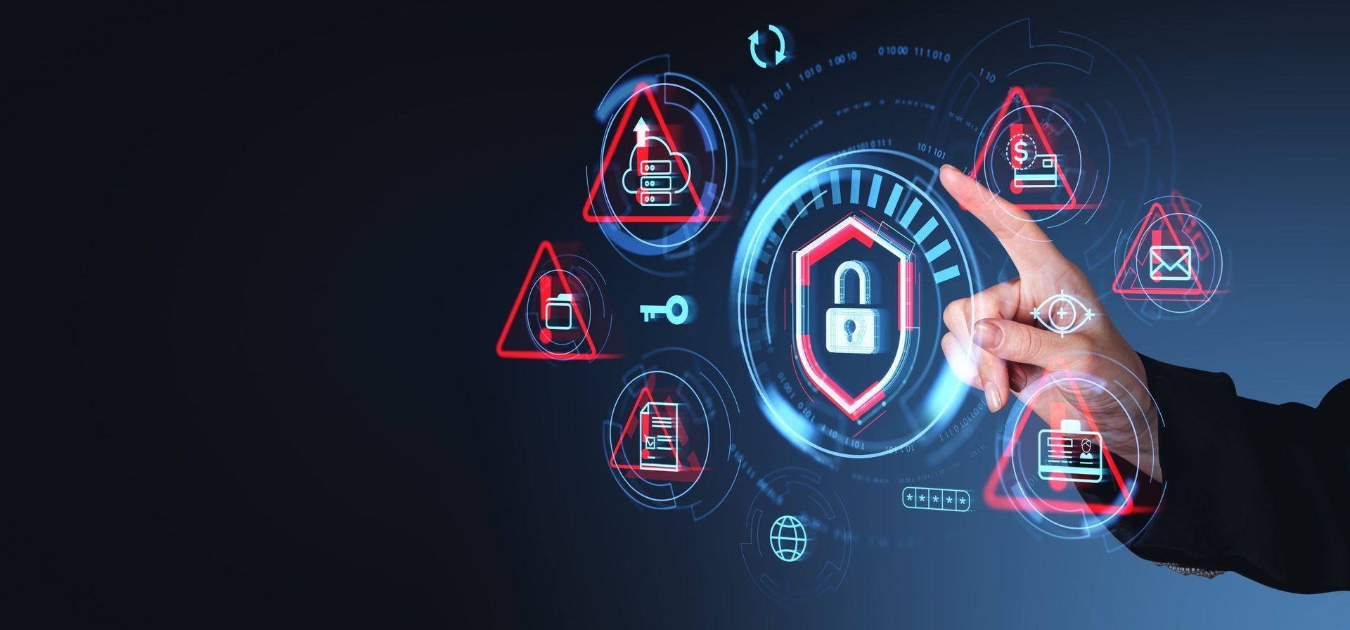 Hand touching a digital shield with a padlock, surrounded by data security icons, on a dark blue background.