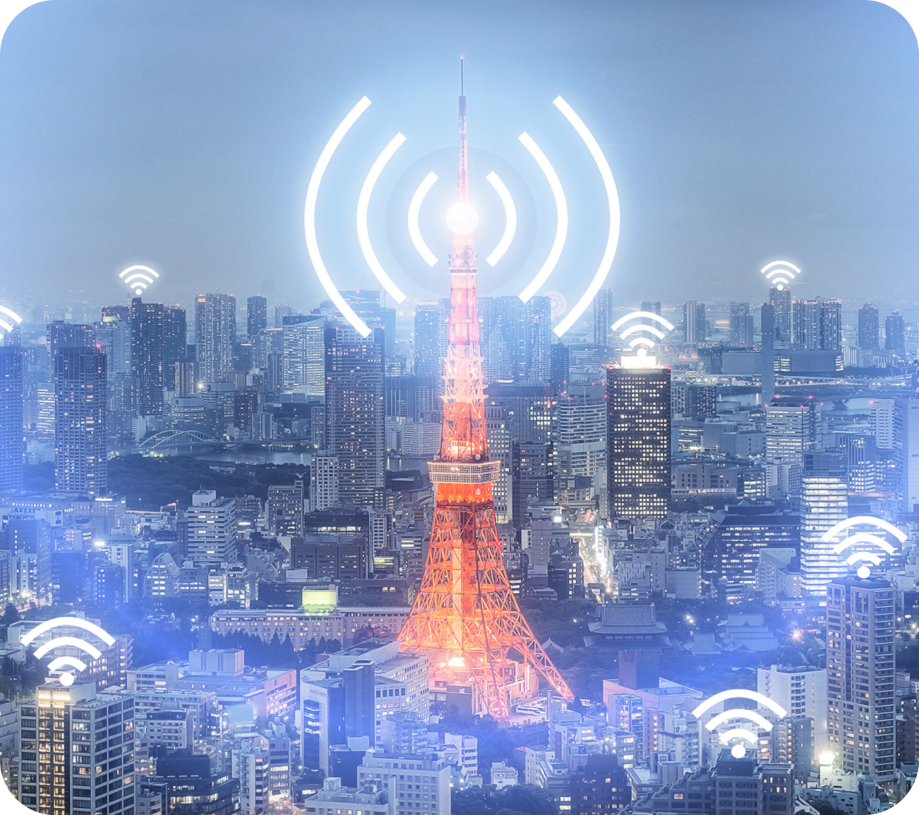 Tokyo Tower radiating Wi-Fi signals over a cityscape at night. Glowing white waves symbolize wireless communication.