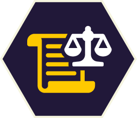 Gold scroll and white scales of justice icon in a blue hexagon.