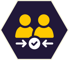 Two yellow people with arrows exchanging a checkmark in a dark purple hexagon.