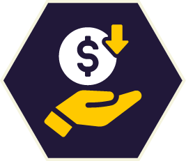 Hand holding a white coin with a dollar sign, an arrow pointing down, indicating a price reduction.