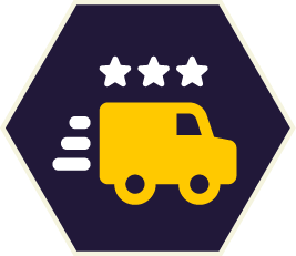 Yellow delivery van with three stars above, inside a dark blue hexagon.
