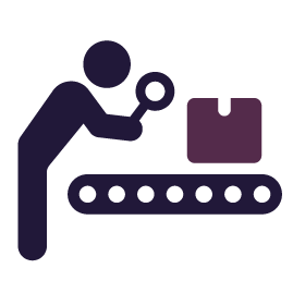 Person inspecting a package on a conveyor belt with a magnifying glass.