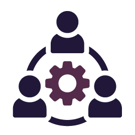 Teamwork icon: Three figures around a gear, connected by a circle, in shades of purple.