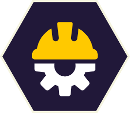 Yellow hard hat above a white gear on a dark blue hexagonal background.