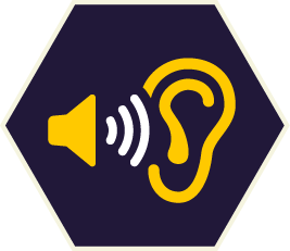Yellow ear and speaker icon with sound waves on a dark blue hexagon.