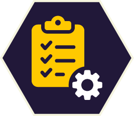 Yellow checklist with checkmarks and gear icon on a dark blue hexagon.