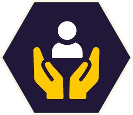Yellow hands cupping a white figure inside a dark blue hexagon, symbolizing care.