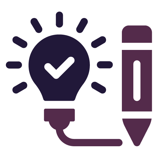 Purple lightbulb with a checkmark radiating light, connected by a cable to a pencil.