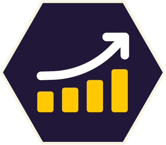 A dark blue hexagon with a white arrow pointing upwards over yellow bar graph, indicating growth.