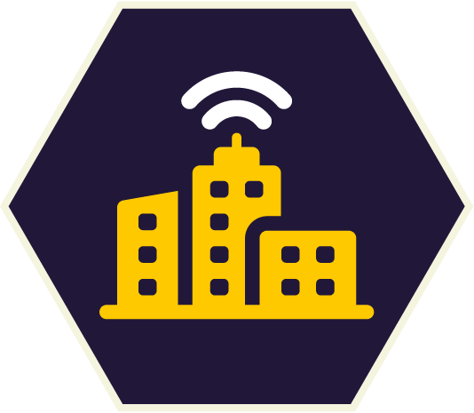 A yellow cityscape with a wireless signal symbol, set within a dark blue hexagon.
