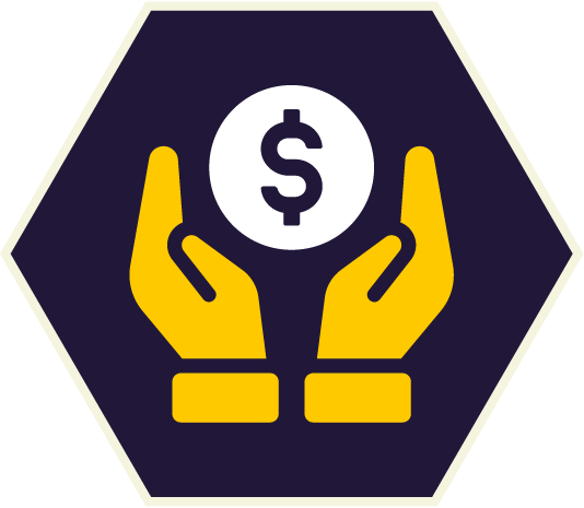 Yellow hands cradling a white coin with a dollar sign, inside a dark blue hexagon.