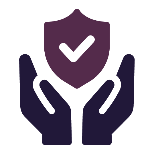 Hands cupping a purple shield with a white checkmark, symbolizing protection and security.