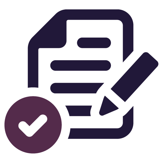 Document with pencil and checkmark, indicating completion or approval.