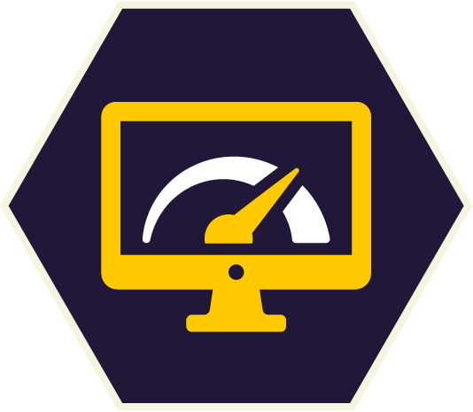 Yellow computer monitor with a speed gauge inside on a dark blue hexagon.