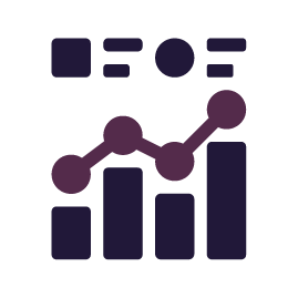 Chart with bar and line graphs, representing data analysis and progress, in dark purple.