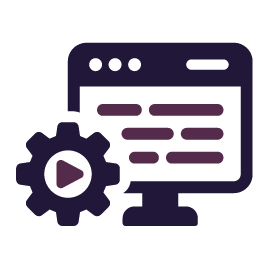 Dark purple computer screen with code, gear icon with play button.