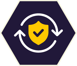 Yellow shield with checkmark, surrounded by rotating arrows, in a purple hexagon.