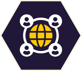 Yellow globe surrounded by four white user icons, connected by white lines, on a dark blue hexagonal background.
