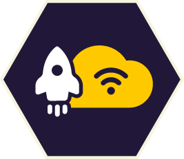 White rocket launching next to a yellow wifi cloud symbol, in a navy hexagon.