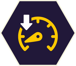Yellow speedometer showing a decrease in speed with a downward white arrow, set in a dark blue hexagon.