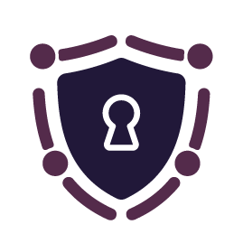 Purple shield with a keyhole inside, surrounded by connected purple circles, representing security.