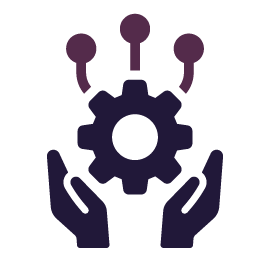 Hands cradling a gear, with three nodes above, all in purple shades, symbolizing support and technology.