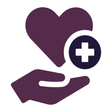 Hand holding a heart and medical cross, purple and white.