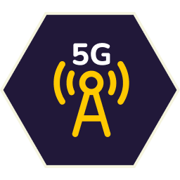 Icon of a yellow cell tower with radiating waves, within a purple hexagon, labeled 