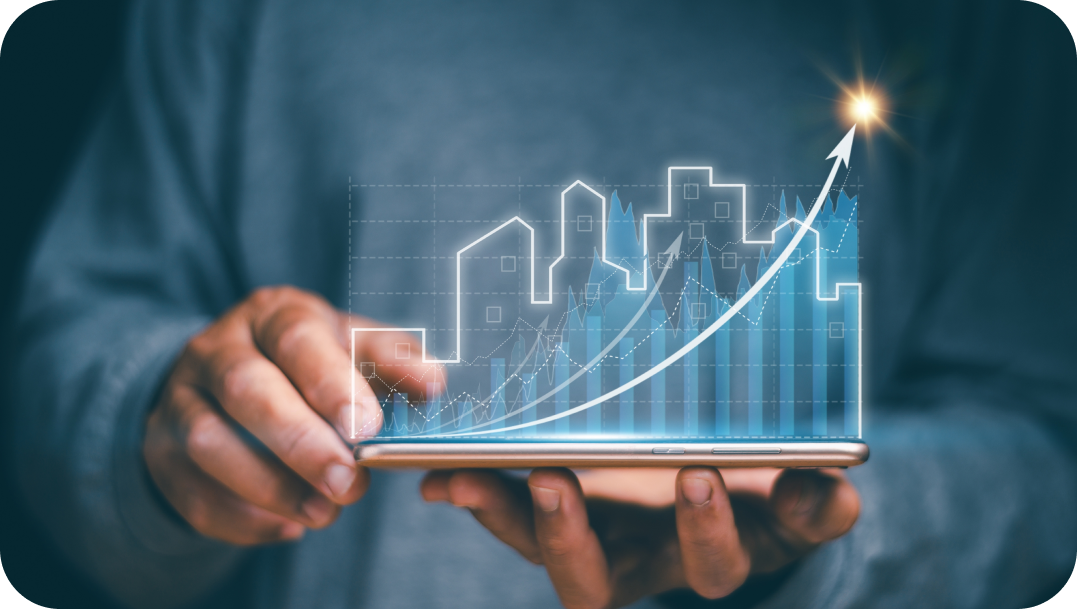 Person holding phone displays a growth chart with city skyline and upward arrow.