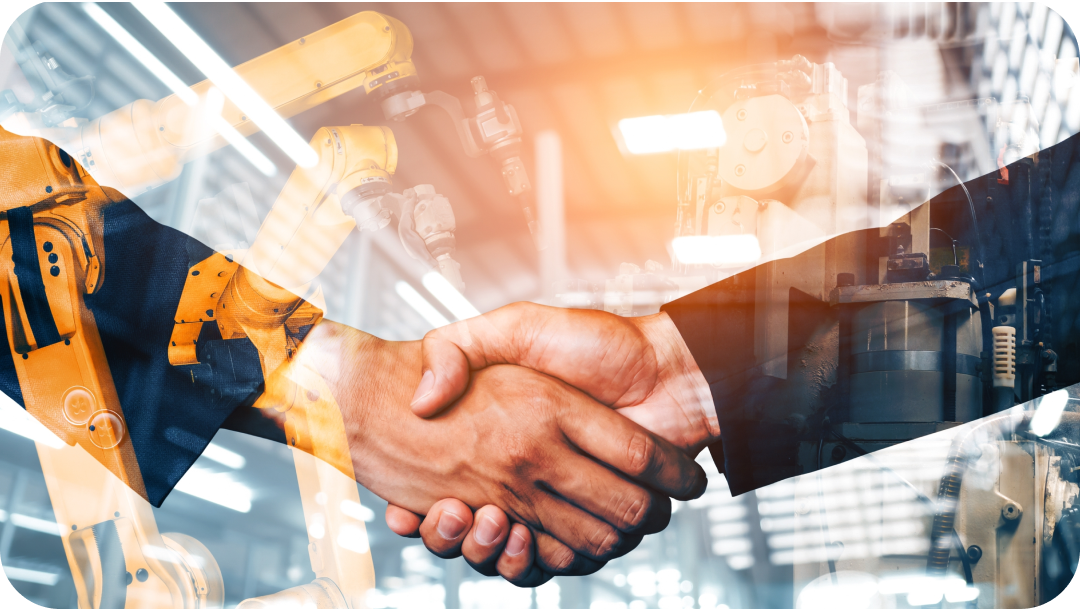 Two people shaking hands; overlaid on a factory with robotic arms.
