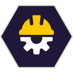 Yellow hard hat and white gear icon inside a dark blue hexagon.