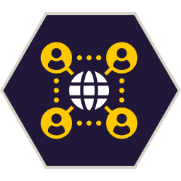 Yellow people icons connected to a white globe on a blue hexagon.