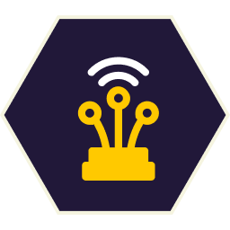 Yellow and white Wi-Fi symbol above a circuit board, enclosed in a dark blue hexagon.