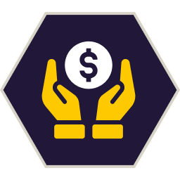 Yellow hands cupping a white coin with a dollar sign, all within a blue hexagonal shape.