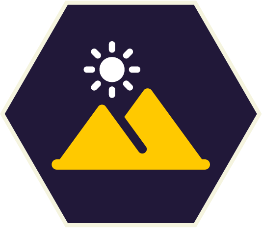 Yellow mountains and sun icon in a purple hexagon.
