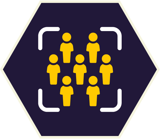 Yellow figures inside a white square within a dark blue hexagon, representing a group or people.