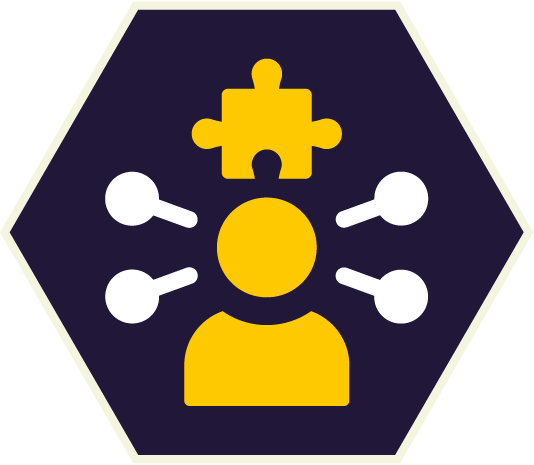 Yellow person with puzzle piece and connections, on a dark blue hexagon.