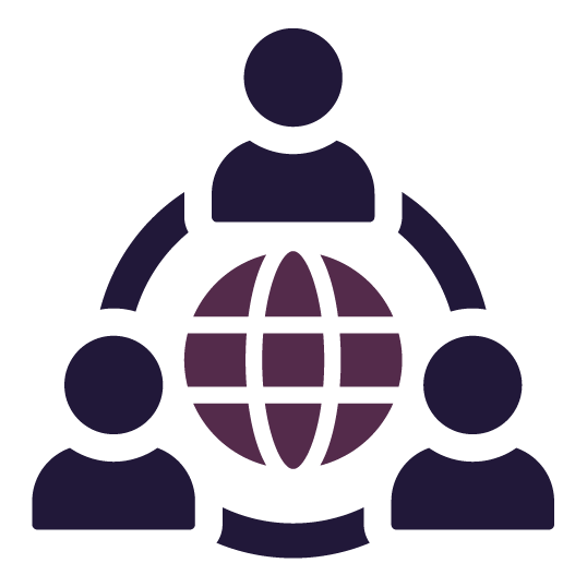 People connected around a globe, symbolizing global collaboration.