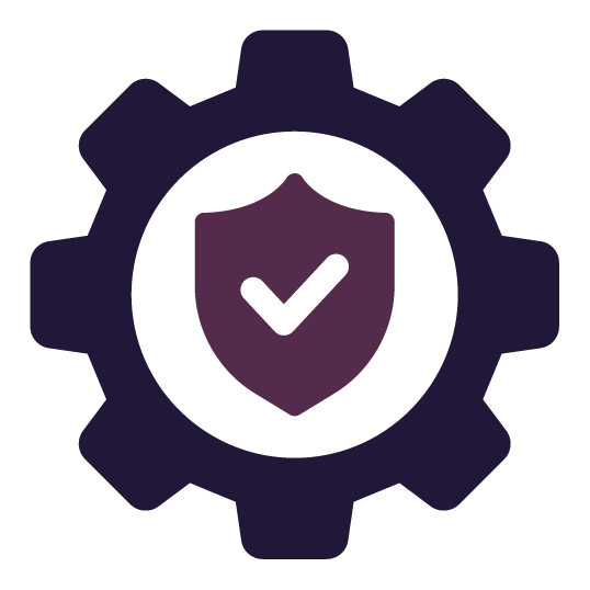 Gear icon with a shield and checkmark inside.
