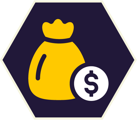 Yellow money bag with a dollar sign inside a white circle on a navy hexagonal background.
