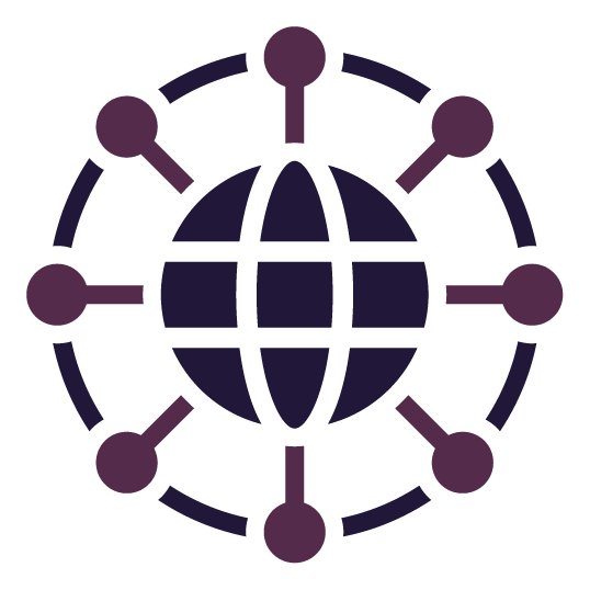 Purple globe surrounded by a ring and nodes, symbolizing a connected world.
