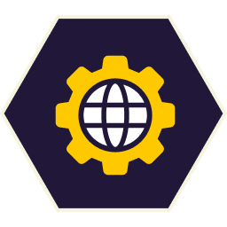 Yellow cogwheel around a globe, inside a dark blue hexagon.