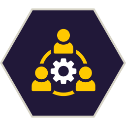 Three figures in a circle around a gear on a navy hexagon with a white outline.