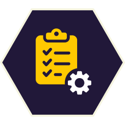Yellow clipboard with checkmarks and gear icon on a dark purple hexagon.
