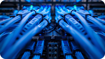 Blue network cables plugged into a server in a data center.