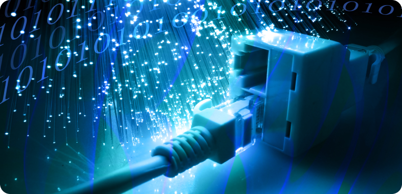 Ethernet cable plugged into a network port, surrounded by binary code and blue light.