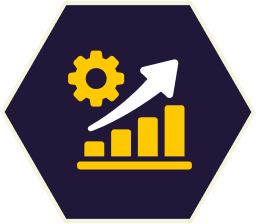 Yellow gear and bar graph with upward-pointing arrow on a dark blue hexagon, symbolizing growth and progress.