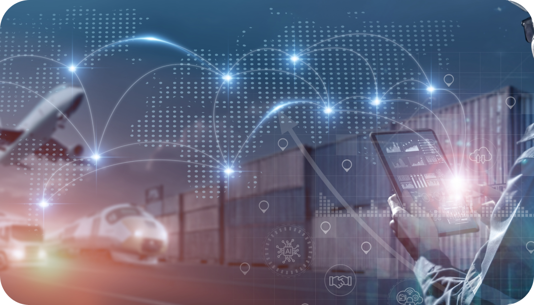 Global shipping and logistics network with planes, trains, and containers, linked with digital connections.